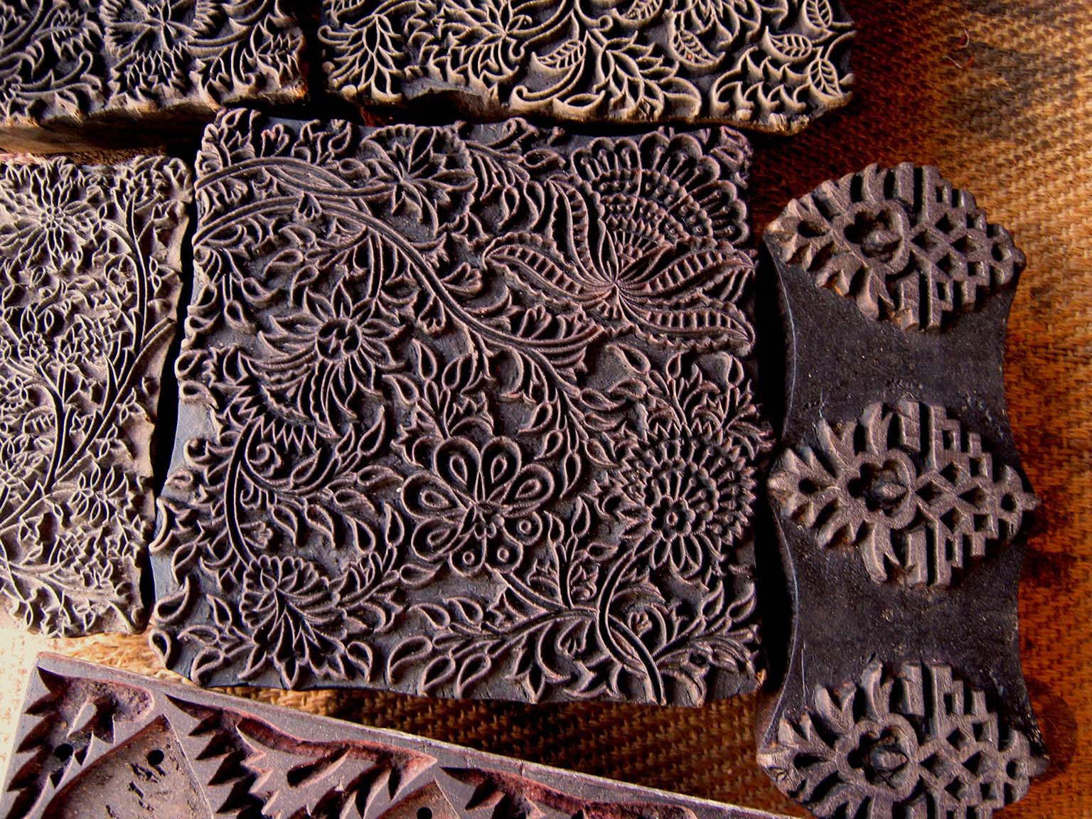 A documented collection of carved Kalamkari printing blocks